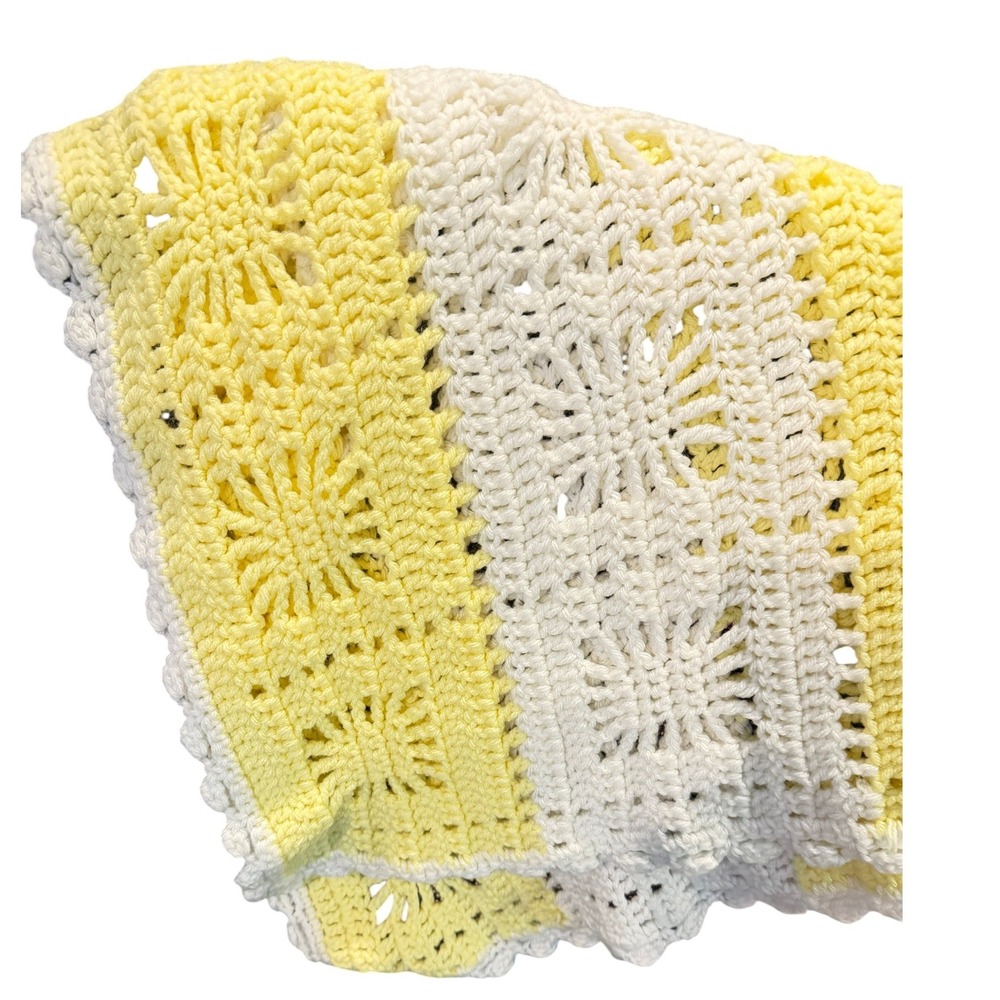 Vintage Yellow White Crochet Baby Afghan Wheelchair Lap Throw 50 x 32